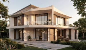 Free AI photo: High. High-end architectural exterior photography, contemporary mansion facade, soft golden hour lighting, ultra realistic shadows, premium materials, clean geometric composition, el…