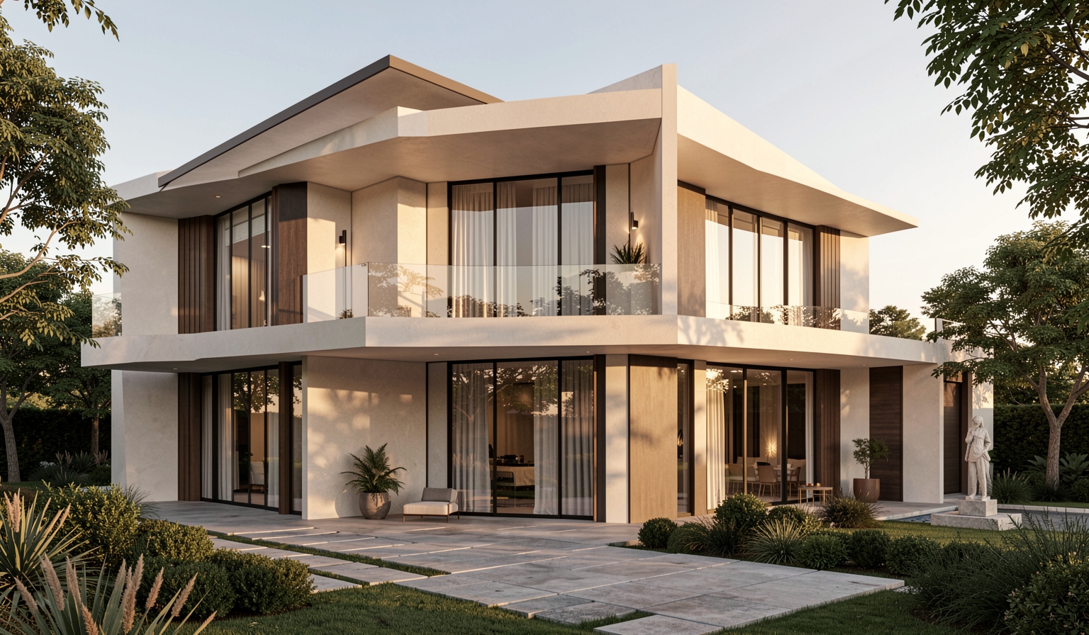 High-end architectural exterior photography, contemporary mansion facade, soft golden hour lighting, ultra realistic shadows, premium materials, clean geometric composition, elegant outdoor environment, realistic depth, sophisticated luxury mood