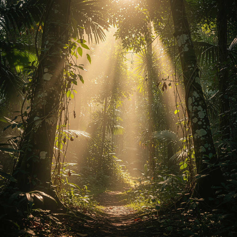 Sunlight filters through a lush jungle environment with vibrant green foliage.