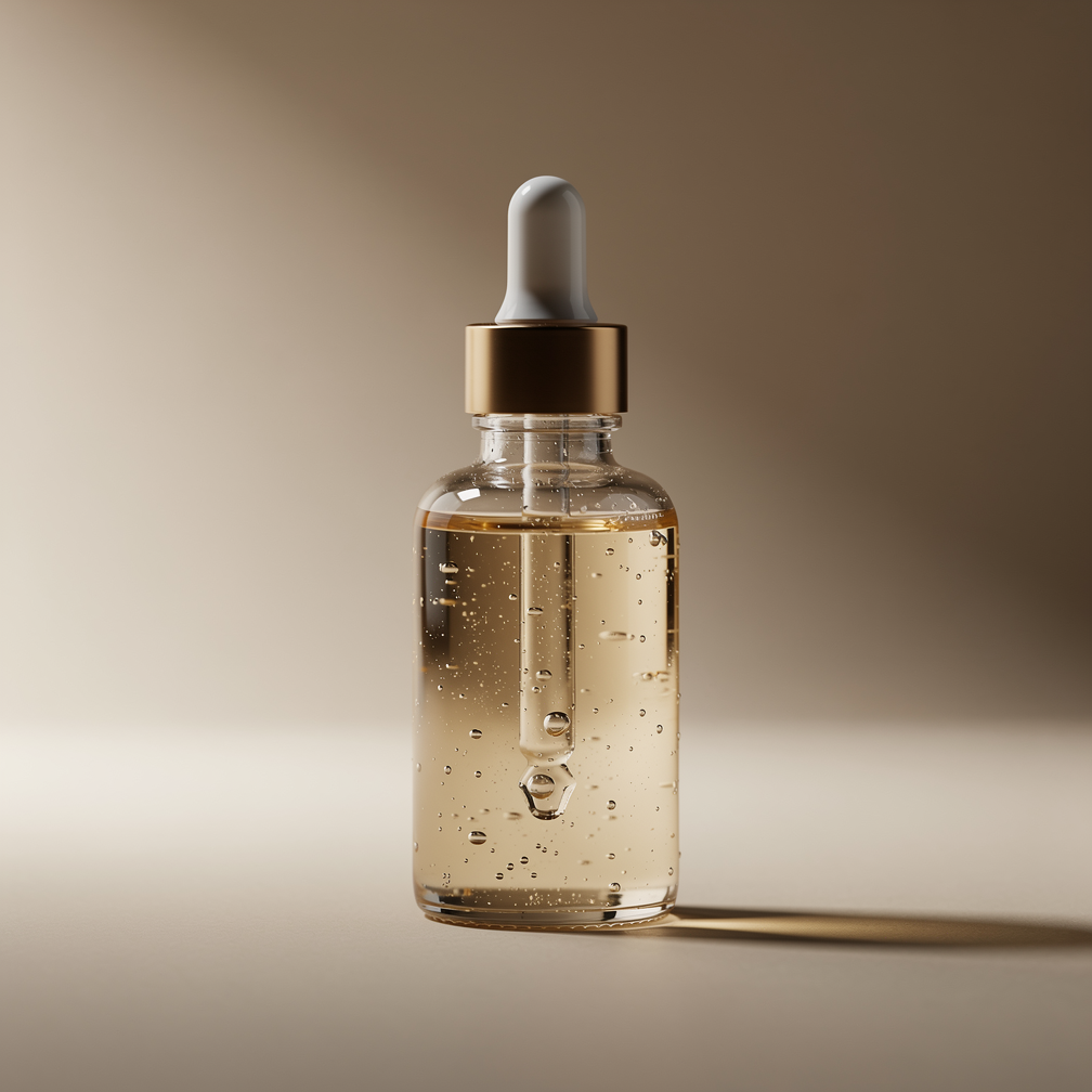 A glass serum dropper bottle is illuminated by soft natural light in a studio setting.