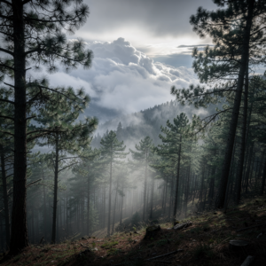 Free AI photo: Misty Pine Forest Landscape. Tall pine trees stand amidst thick clouds and soft mist.. Categories: Landscape, Nature, Photography. Colours: Gray, Black.