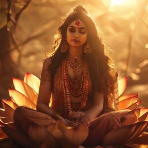 Free AI photo: Indian Mythology Goddess Lakshmi Sitting in the Lotus. Indian mythology goddess Lakshmi sitting in the lotus flower in stylish blause like today girl, photo, cinematic, 35mm, sharp f…