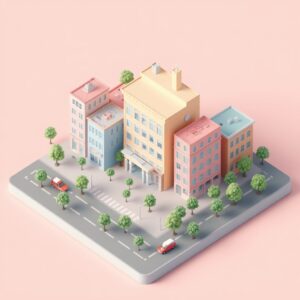 Isometric pastel city block with tiny cars and trees, low-poly, 3D render
