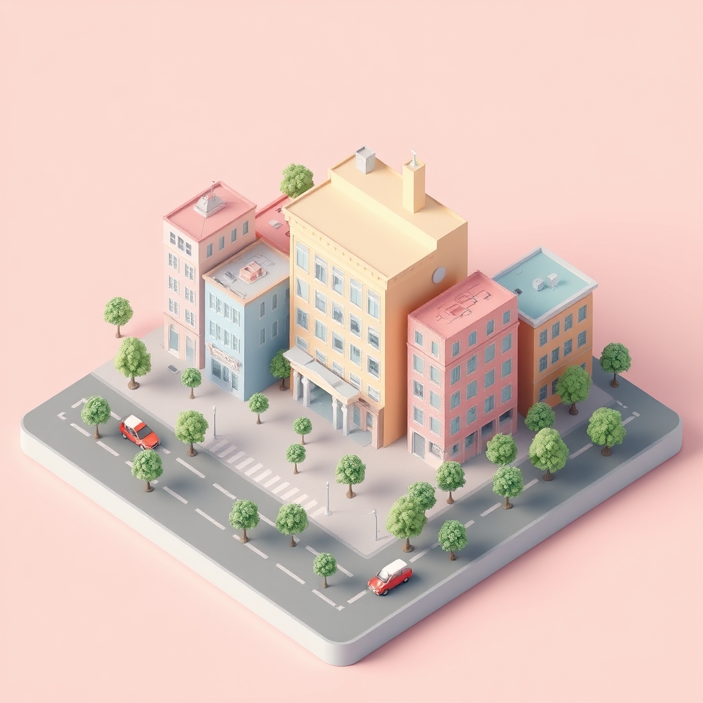 Isometric pastel city block with tiny cars and trees, low-poly, 3D render