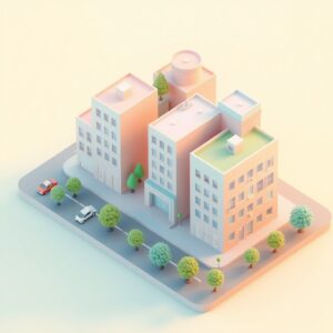 Isometric pastel city block with tiny cars and trees, low-poly, 3D render