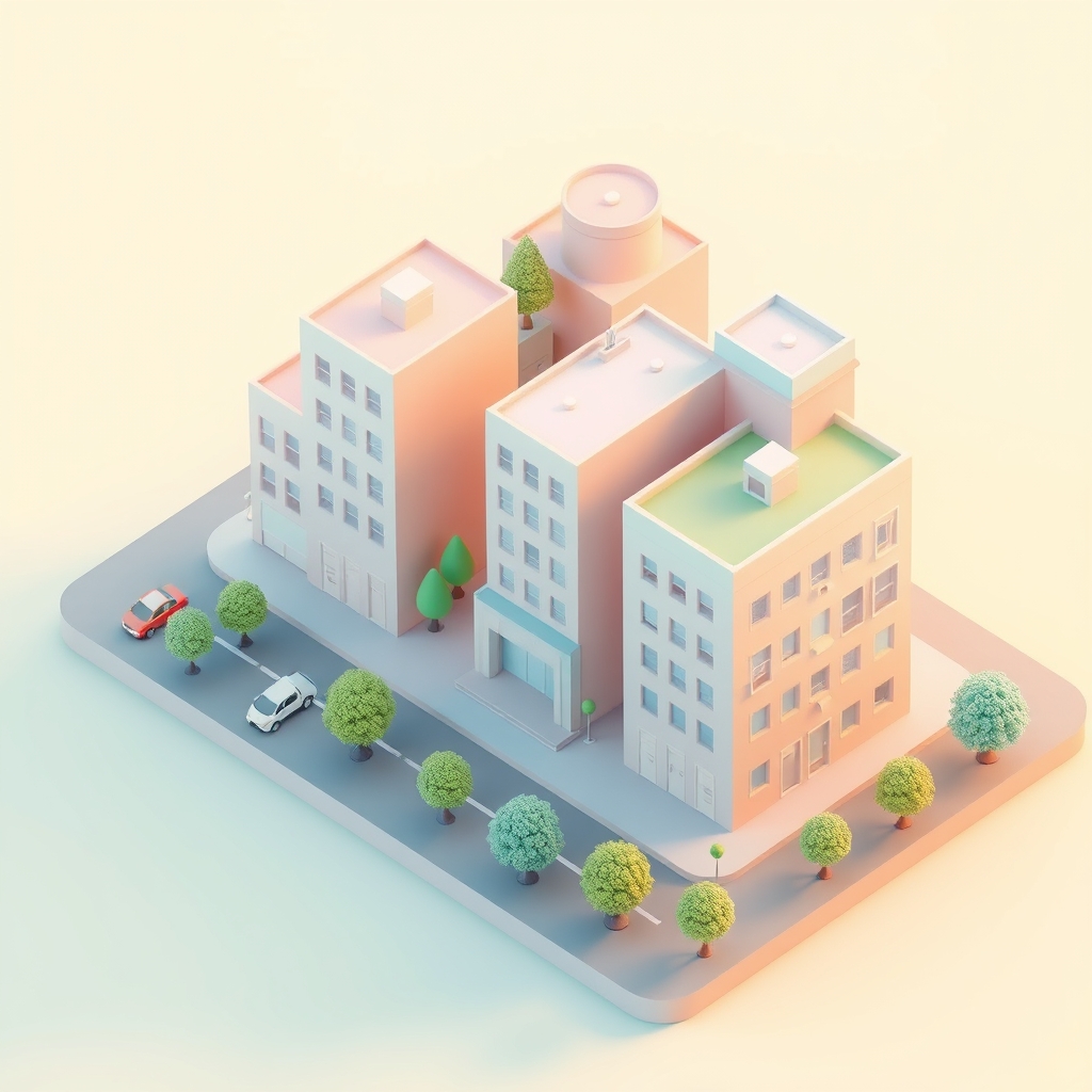 Isometric pastel city block with tiny cars and trees, low-poly, 3D render