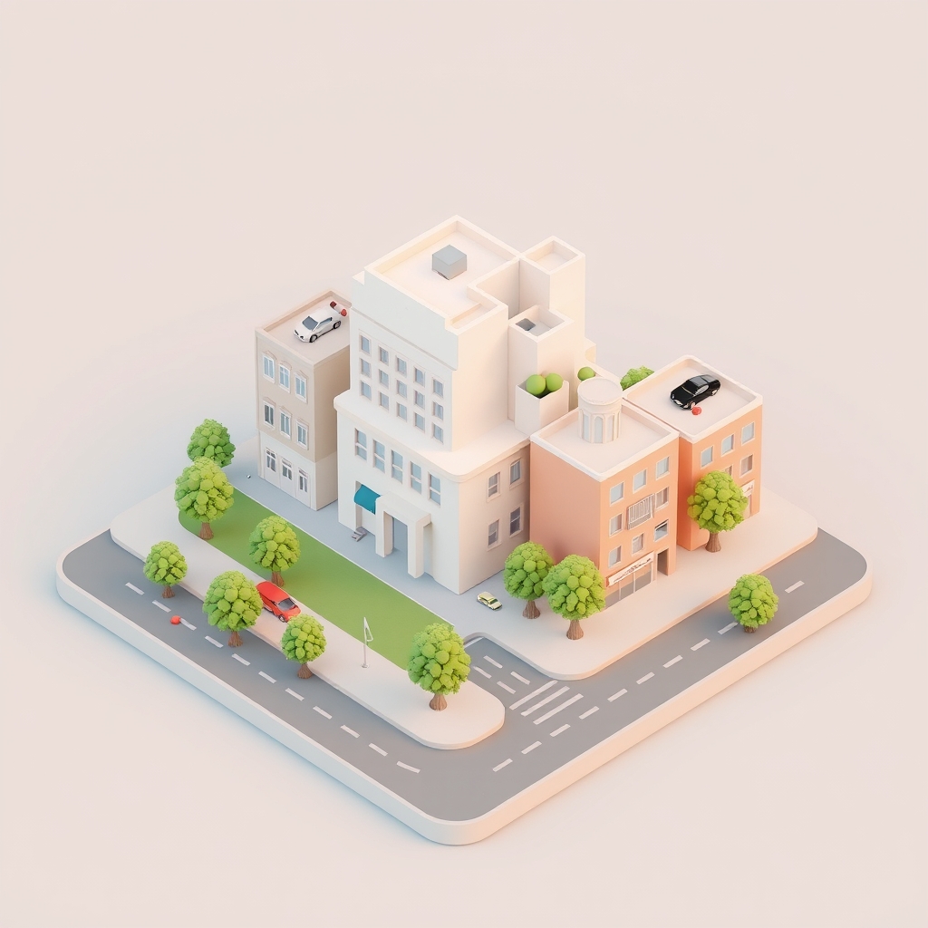 Isometric pastel city block with tiny cars and trees, low-poly, 3D render