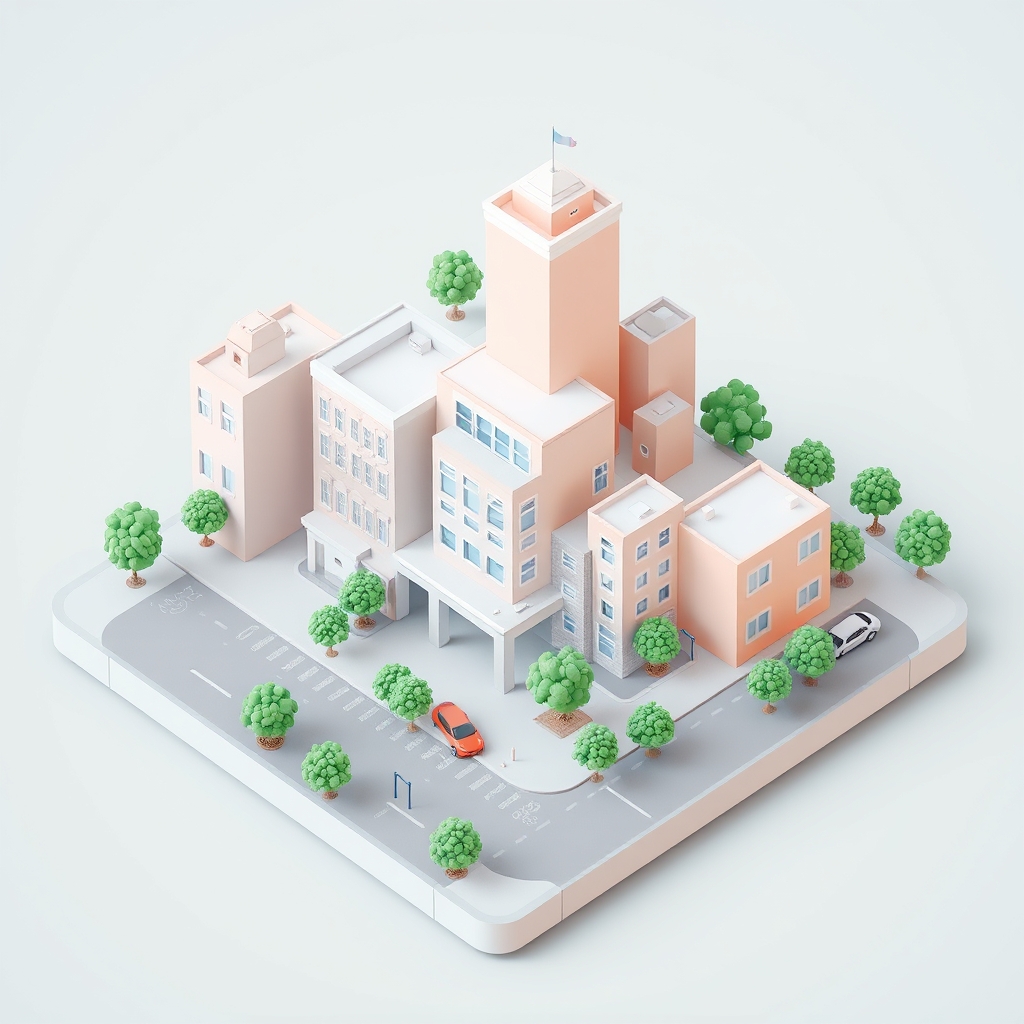 Isometric pastel city block with tiny cars and trees, low-poly, 3D render