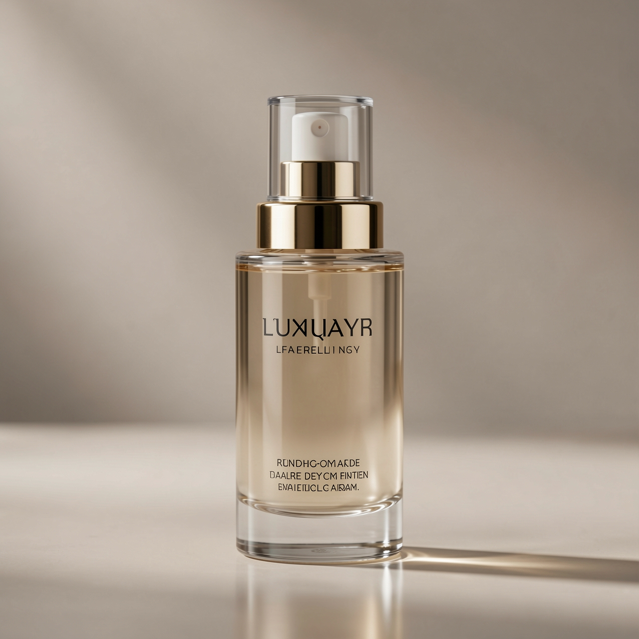 Luxury cosmetic product photography, soft cinematic lighting, ultra realistic skincare bottle, premium glass packaging, elegant reflections, clean minimalist composition, muted neutral tones, realistic shadows, shallow depth of field, high-end beauty campaign aesthetic, photorealistic, 8k detail