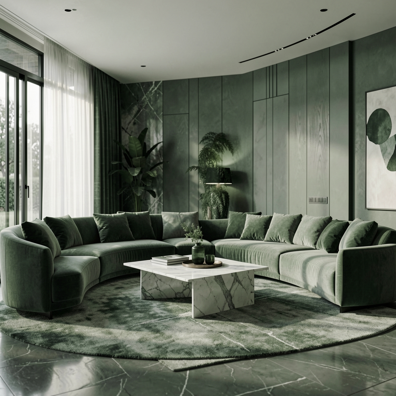 Luxury interior photography, monochromatic green aesthetic, soft cinematic daylight, ultra realistic modern living space, premium materials, elegant marble textures, ambient lighting, minimalist luxury decor, realistic shadows, sophisticated atmosphere, contemporary interior design, shallow depth of field, architectural digest style, photorealistic, 8k detail