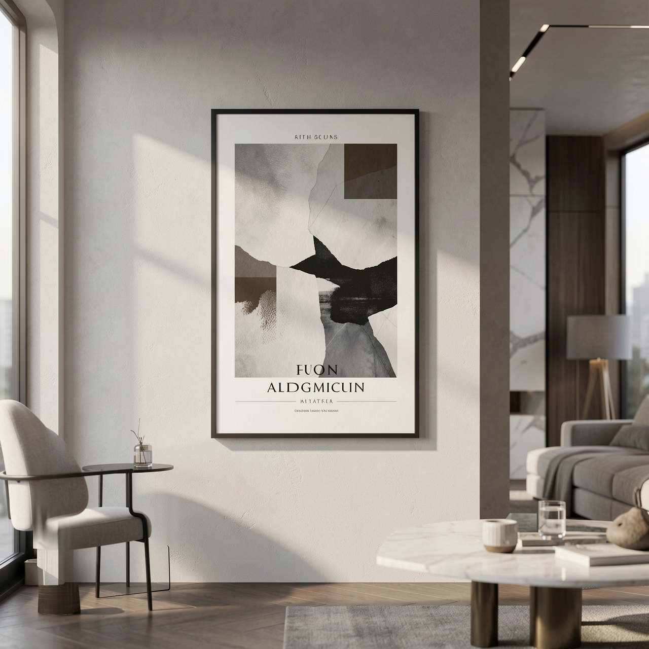Luxury poster mockup in modern interior, soft cinematic daylight, ultra realistic paper texture, premium minimalist wall design, elegant shadows, contemporary furniture, clean composition, realistic reflections, high-end editorial photography, sophisticated atmosphere, photorealistic, shallow depth of field, 8k detail