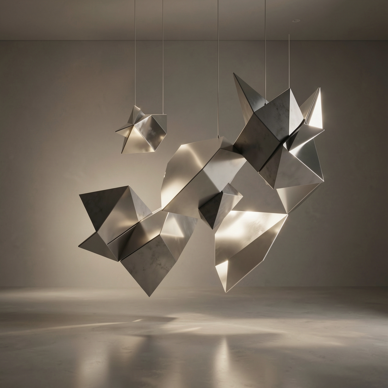 Minimal abstract scene, floating geometric forms, soft ambient glow, luxury commercial aesthetic, realistic reflections, muted tones, cinematic depth, elegant balance, ultra realistic materials, modern art installation style, sophisticated atmosphere, premium visual identity