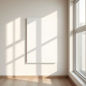 Free AI photo: Minimal Editorial Poster Mockup Photography. Minimal editorial poster mockup photography, blank vertical poster frame with subtle matte texture, soft cinematic daylight streaming thr…