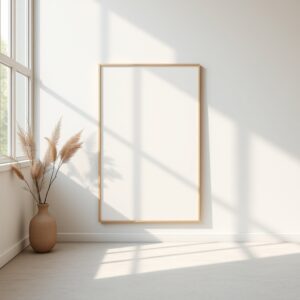 Free AI photo: Minimal Editorial Poster Mockup Photography. Minimal editorial poster mockup photography, blank vertical poster frame with subtle matte texture, soft cinematic daylight streaming thr…