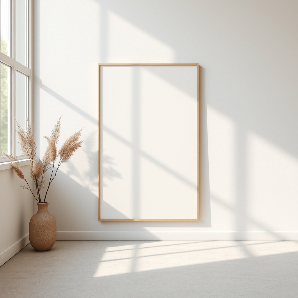 Minimal editorial poster mockup photography, blank vertical poster frame with subtle matte texture, soft cinematic daylight streaming through large window, realistic shadow patterns on wall, monochromatic neutral tones, luxury contemporary interior aesthetic, ultra realistic paper texture, premium Scandinavian styling, shallow depth of field, organic ambient lighting, clean architectural composition, muted beige and warm gray palette, elegant gallery atmosphere, hyper realistic reflections and s