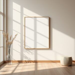 Free AI photo: Minimal Editorial Poster Mockup Photography. Minimal editorial poster mockup photography, blank vertical poster frame with subtle matte texture, soft cinematic daylight streaming thr…