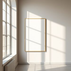 Free AI photo: Minimal Editorial Poster Mockup Photography. Minimal editorial poster mockup photography, blank vertical poster frame with subtle matte texture, soft cinematic daylight streaming thr…