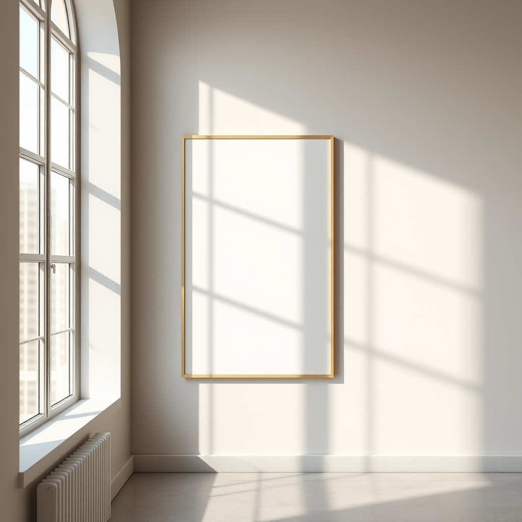Minimal editorial poster mockup photography, blank vertical poster frame with subtle matte texture, soft cinematic daylight streaming through large window, realistic shadow patterns on wall, monochromatic neutral tones, luxury contemporary interior aesthetic, ultra realistic paper texture, premium Scandinavian styling, shallow depth of field, organic ambient lighting, clean architectural composition, muted beige and warm gray palette, elegant gallery atmosphere, hyper realistic reflections and s