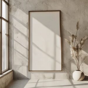 Free AI photo: Minimal Editorial Poster Mockup Photography. Minimal editorial poster mockup photography, blank vertical poster frame with subtle matte texture, soft cinematic daylight streaming thr…
