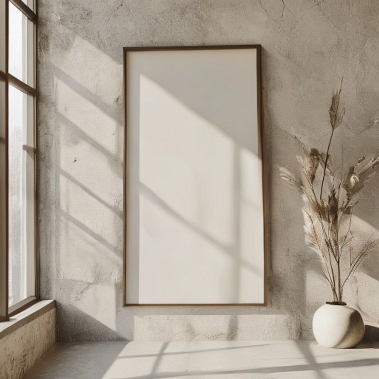 Minimal editorial poster mockup photography, blank vertical poster frame with subtle matte texture, soft cinematic daylight streaming through large window, realistic shadow patterns on wall, monochromatic neutral tones, luxury contemporary interior aesthetic, ultra realistic paper texture, premium Scandinavian styling, shallow depth of field, organic ambient lighting, clean architectural composition, muted beige and warm gray palette, elegant gallery atmosphere, hyper realistic reflections and s