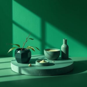 Free AI photo: Minimal Editorial Still Life Photography. Minimal editorial still life photography, monochromatic green aesthetic, soft cinematic daylight, premium luxury mood, organic textures, sha…