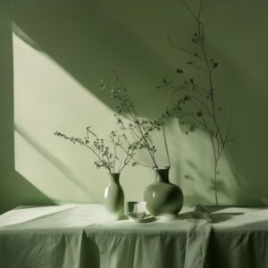 Free AI photo: Minimal Editorial Still Life Photography. Minimal editorial still life photography, monochromatic green aesthetic, soft cinematic daylight, muted sage and emerald tones, premium luxu…