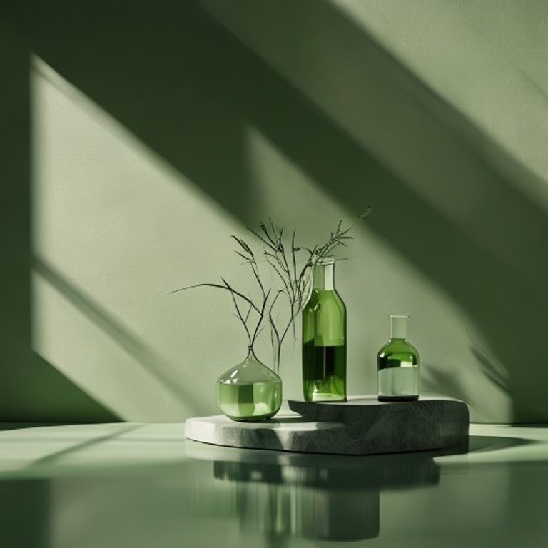 Minimal editorial still life photography, monochromatic green aesthetic, soft cinematic daylight, muted sage and emerald tones, premium luxury mood, organic textures, shallow depth of field, realistic shadows, clean minimalist composition, photorealistic, contemporary art direction, elegant reflections, ultra detailed, high-end commercial style, 8k realism