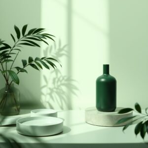 Free AI photo: Minimal Editorial Still Life Photography. Minimal editorial still life photography, monochromatic green aesthetic, soft cinematic daylight, premium luxury mood, organic textures, sha…