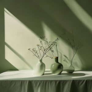 Free AI photo: Minimal Editorial Still Life Photography. Minimal editorial still life photography, monochromatic green aesthetic, soft cinematic daylight, premium luxury mood, organic textures, sha…