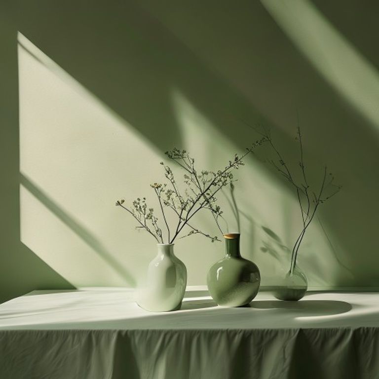 Minimal editorial still life photography, monochromatic green aesthetic, soft cinematic daylight, premium luxury mood, organic textures, shallow depth of field, realistic shadows, muted tones, clean composition, contemporary art direction, ultra realistic, lummi ai style