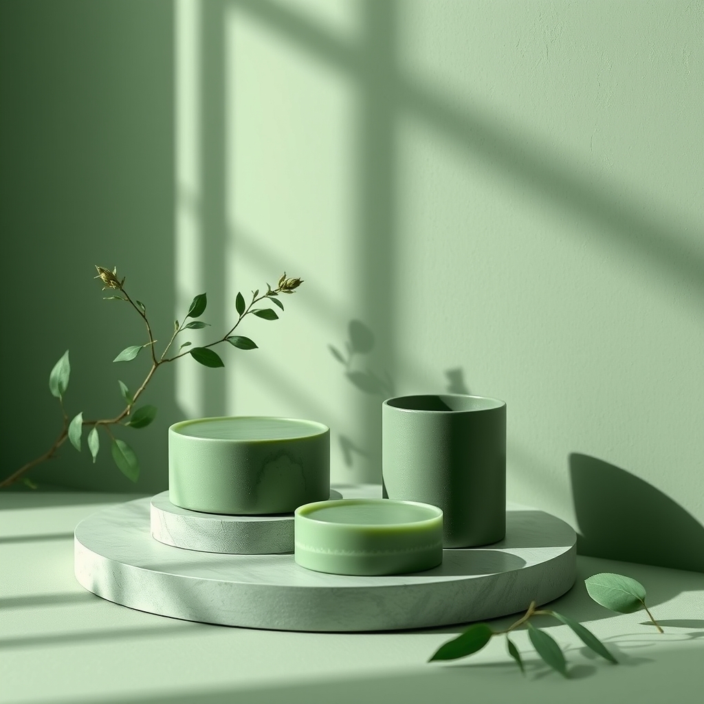 Minimal editorial still life photography, monochromatic green aesthetic, soft cinematic daylight, premium luxury mood, organic textures, shallow depth of field, realistic shadows, muted tones, clean composition, contemporary art direction, ultra realistic, lummi ai style