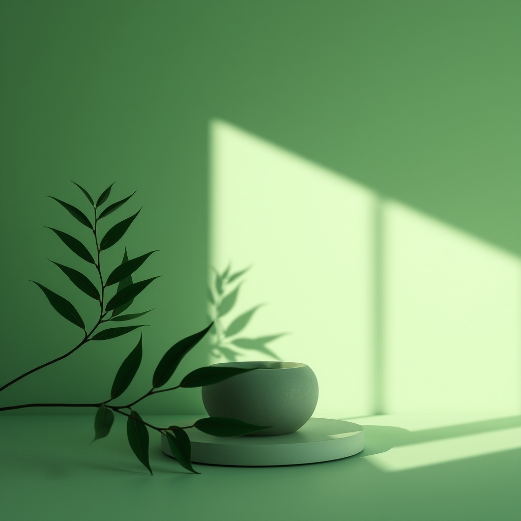 Minimal editorial still life photography, monochromatic green aesthetic, soft cinematic daylight, premium luxury mood, organic textures, shallow depth of field, realistic shadows, muted tones, clean composition, contemporary art direction, ultra realistic, lummi ai style