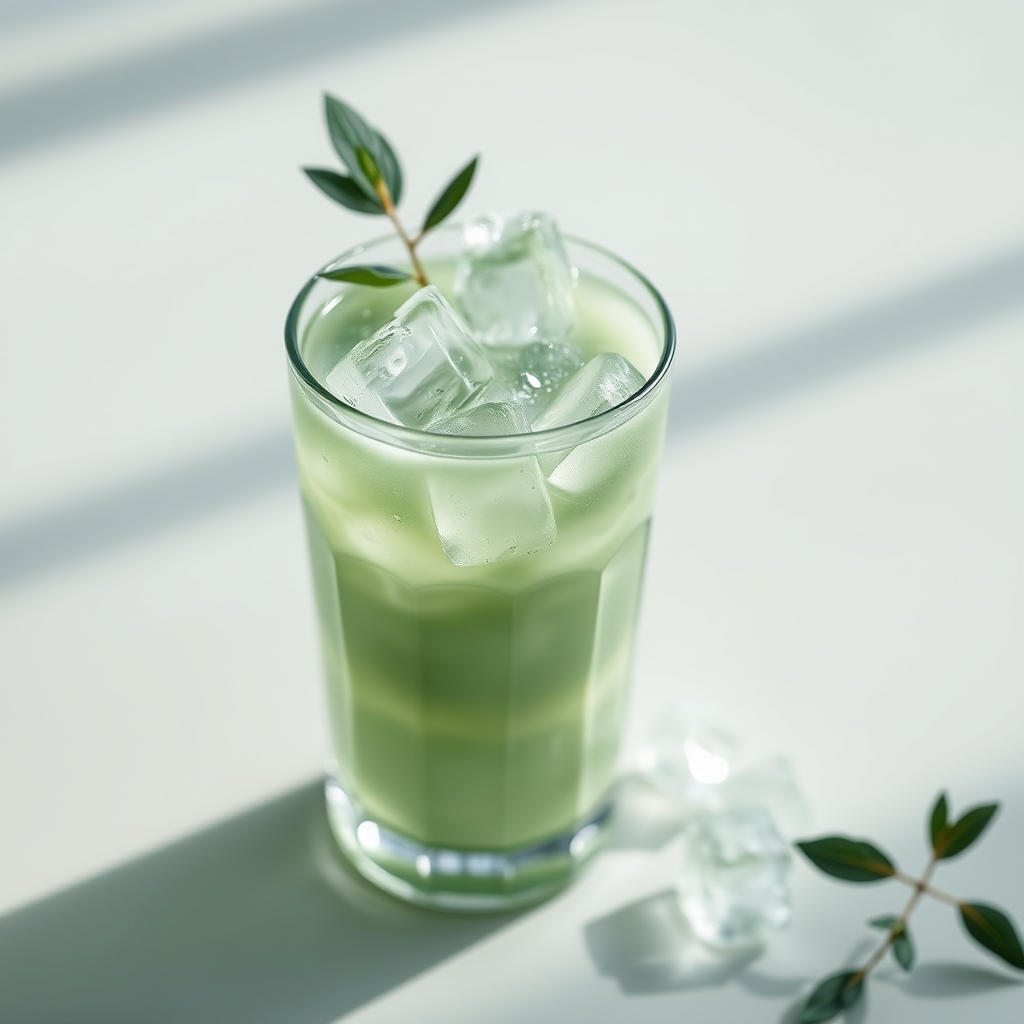 Minimal editorial still life photography of translucent iced matcha drink, monochromatic rich light green aesthetic, glowing sage and pistachio tones, crystal clear ice cubes with realistic frost texture, soft cinematic daylight, premium luxury mood, organic reflections, shallow depth of field, realistic shadows, muted pastel background, clean minimal composition, contemporary art direction, ultra realistic beverage photography, dreamy atmospheric blur, soft matte highlights, elegant Scandinavia