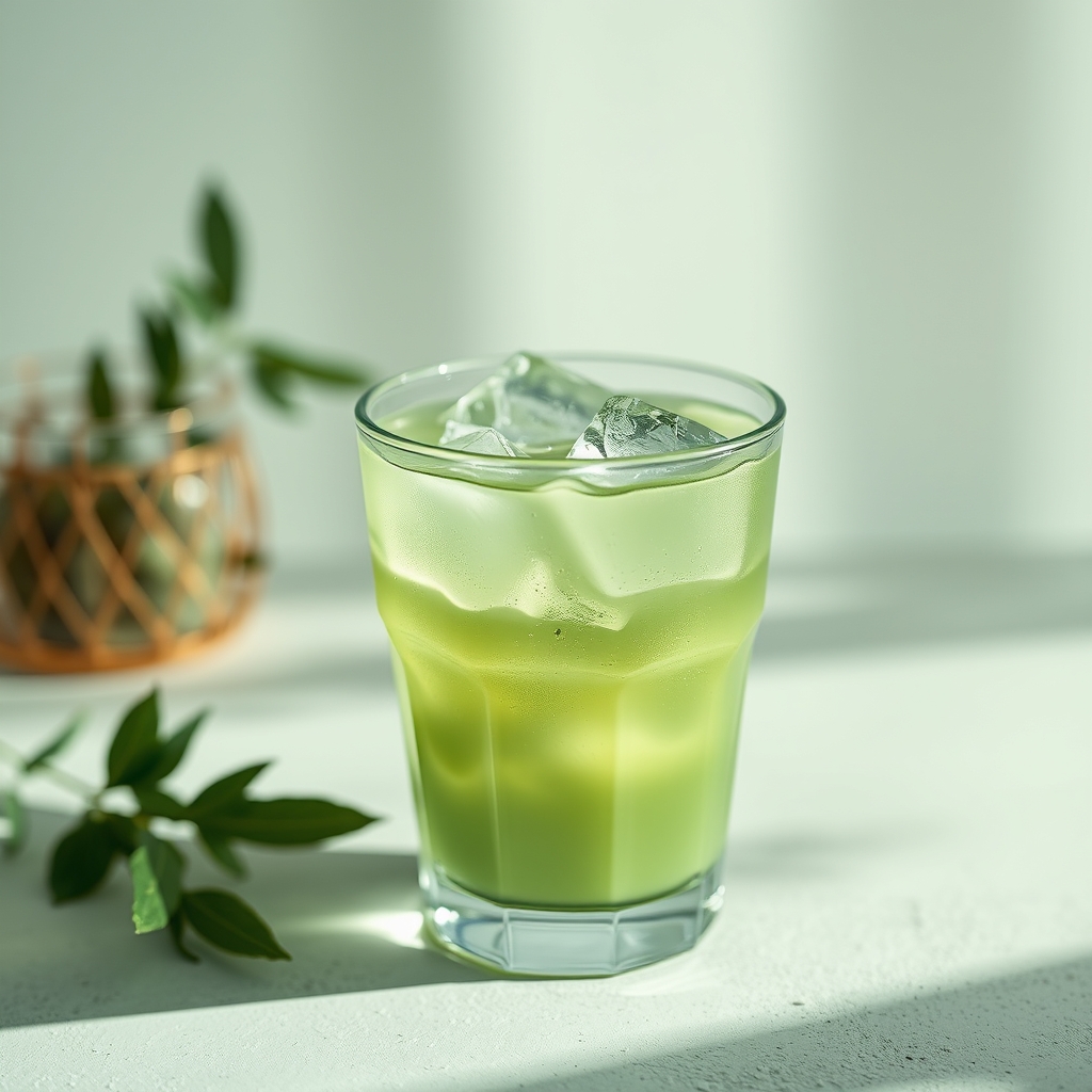 Minimal editorial still life photography of translucent iced matcha drink, monochromatic rich light green aesthetic, glowing sage and pistachio tones, crystal clear ice cubes with realistic frost texture, soft cinematic daylight, premium luxury mood, organic reflections, shallow depth of field, realistic shadows, muted pastel background, clean minimal composition, contemporary art direction, ultra realistic beverage photography, dreamy atmospheric blur, soft matte highlights, elegant Scandinavia