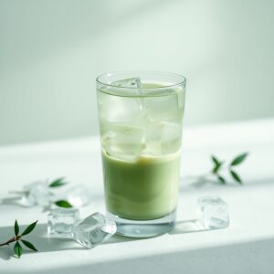 Free AI photo: Minimal Editorial Still Life Photography of Translucent Iced. Minimal editorial still life photography of translucent iced matcha drink, monochromatic rich light green aesthetic, glo…