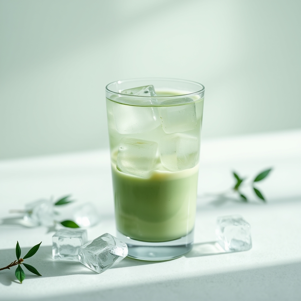 Minimal editorial still life photography of translucent iced matcha drink, monochromatic rich light green aesthetic, glowing sage and pistachio tones, crystal clear ice cubes with realistic frost texture, soft cinematic daylight, premium luxury mood, organic reflections, shallow depth of field, realistic shadows, muted pastel background, clean minimal composition, contemporary art direction, ultra realistic beverage photography, dreamy atmospheric blur, soft matte highlights, elegant Scandinavia
