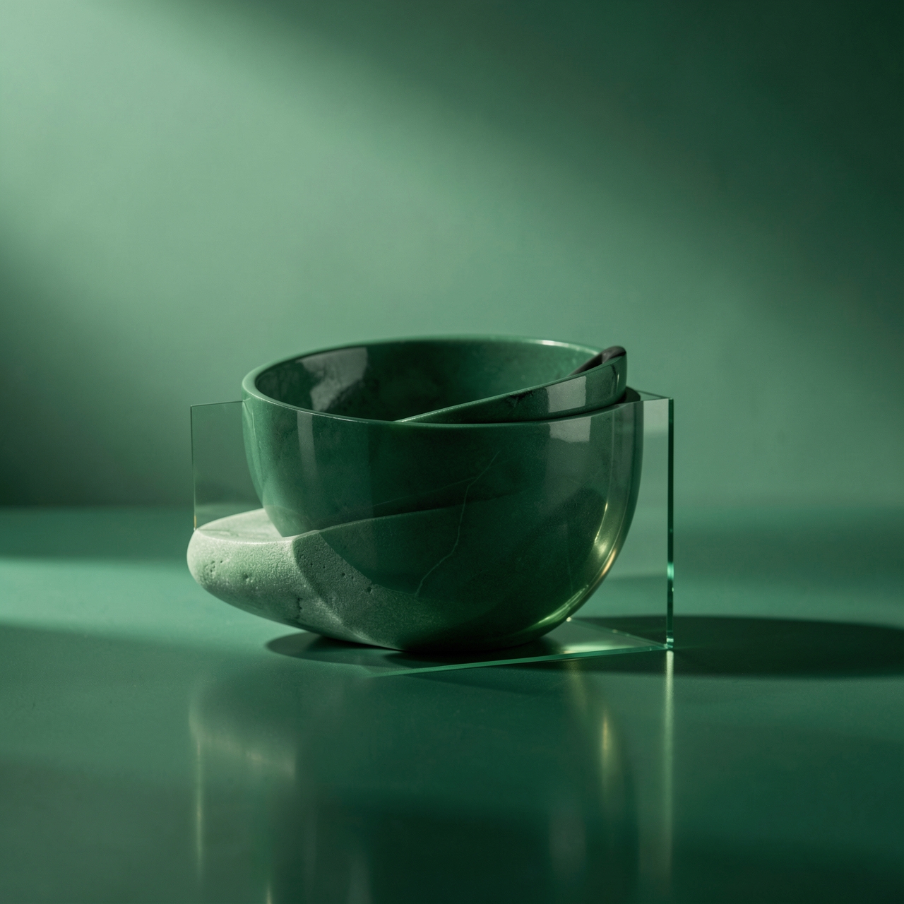 Minimal green editorial photography, luxurious emerald tones, soft cinematic daylight, ultra realistic textures, premium still life composition, elegant shadows, muted green gradients, clean background, shallow depth of field, modern luxury aesthetic, realistic reflections, high-end commercial campaign, photorealistic, sophisticated atmosphere, 8k quality