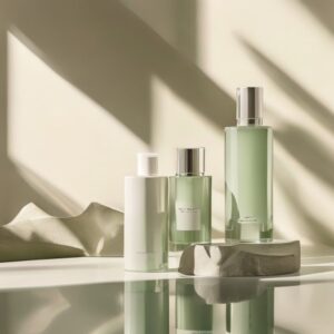 Free AI photo: Minimal Luxury Cosmetic Photography. Minimal luxury cosmetic photography, monochromatic pastel green aesthetic, elegant skincare bottles with blank labels, soft cinematic daylight, r…
