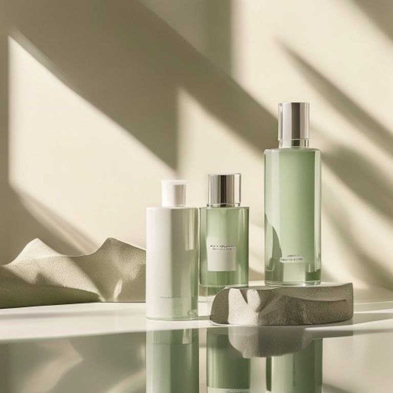 Minimal luxury cosmetic photography, monochromatic pastel green aesthetic, elegant skincare bottles with blank labels, soft cinematic daylight, realistic glass reflections, organic textures, premium editorial styling, shallow depth of field, muted tones, clean composition with negative space, hyper realistic photography, diffused window lighting, soft shadows, Scandinavian minimalism, modern beauty branding aesthetic, ultra detailed commercial photography, lummi ai style