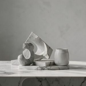 Free AI photo: Minimal Luxury Still Life. Minimal luxury still life, monochrome aesthetic, sculptural composition, soft daylight, premium texture detail, subtle cinematic grain, sophisticated color…