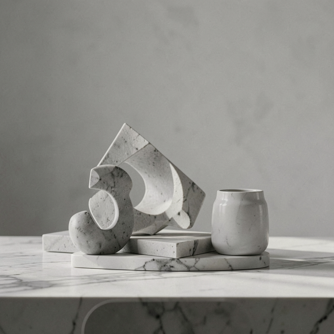 Minimal luxury still life, monochrome aesthetic, sculptural composition, soft daylight, premium texture detail, subtle cinematic grain, sophisticated color palette, clean background, elegant visual balance, luxury advertisement style, ultra realistic, modern design direction, gallery-quality composition