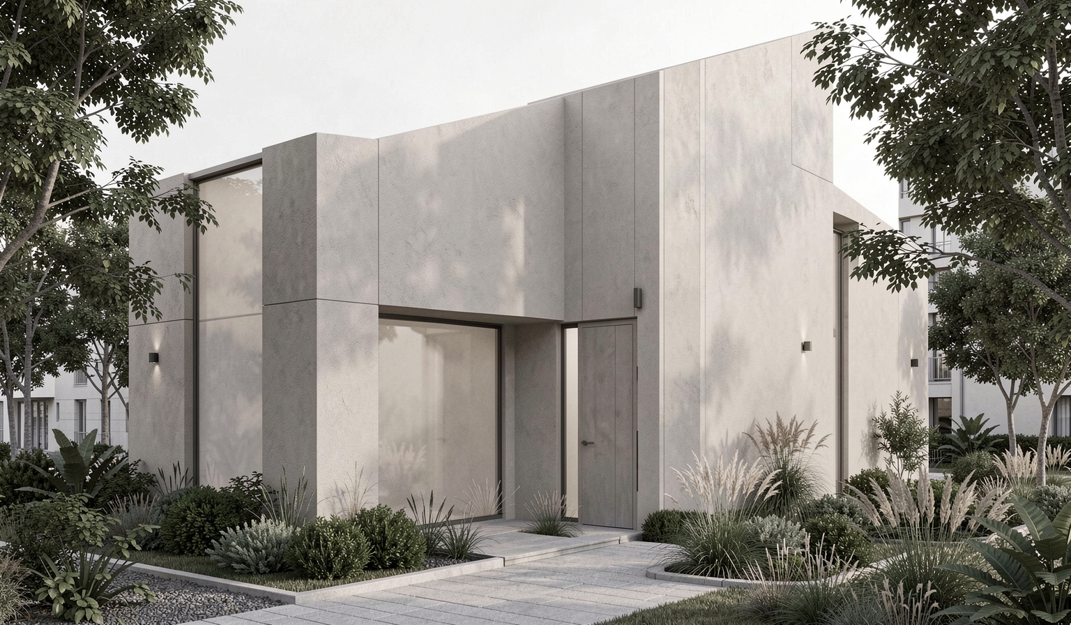 Minimal modern building exterior, monochromatic neutral tones, soft diffused daylight, realistic architectural textures, cinematic composition, elegant landscaping, premium urban aesthetic, ultra realistic detail, contemporary designer atmosphere
