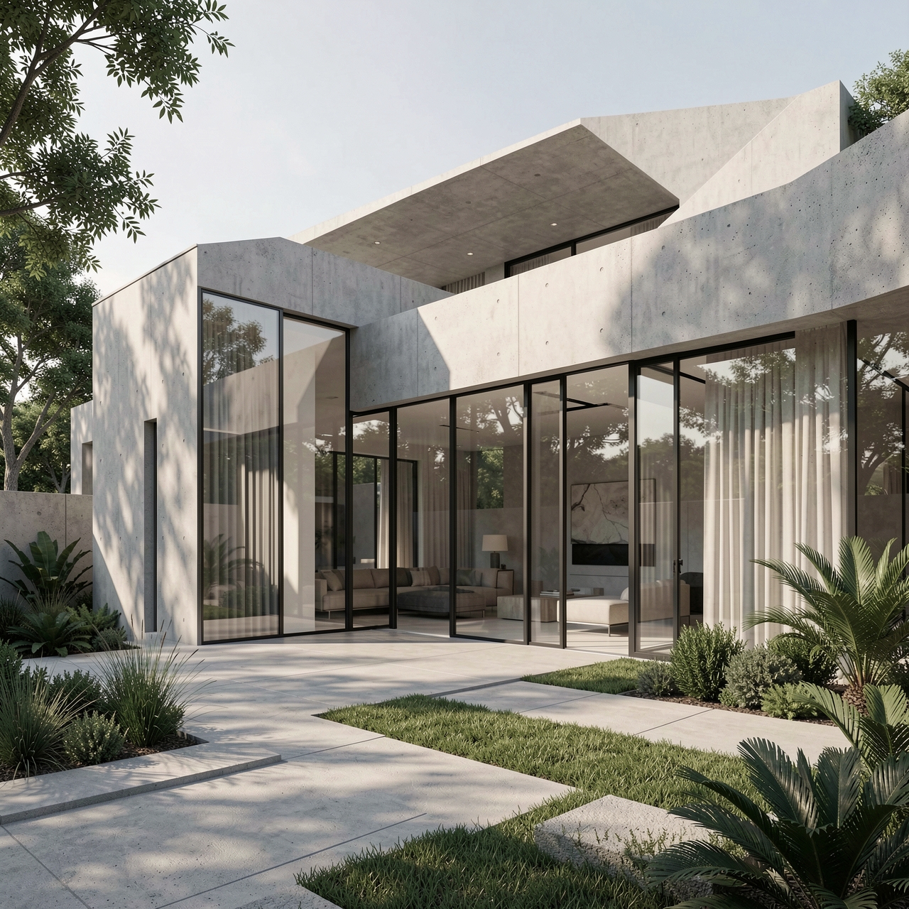 Modern luxury exterior architecture, minimalist concrete villa, soft cinematic daylight, ultra realistic textures, floor-to-ceiling glass windows, elegant shadows, premium landscaping, contemporary architectural photography, realistic reflections, clean composition, sophisticated atmosphere, photorealistic, 8k detail