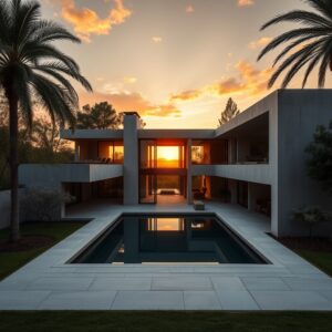 Modernist concrete villa at golden hour, architectural photography, symmetrical