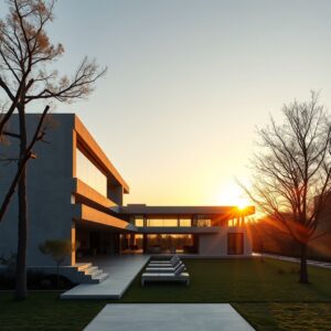 Modernist concrete villa at golden hour, architectural photography, symmetrical