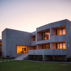 Modernist concrete villa at golden hour, architectural photography, symmetrical