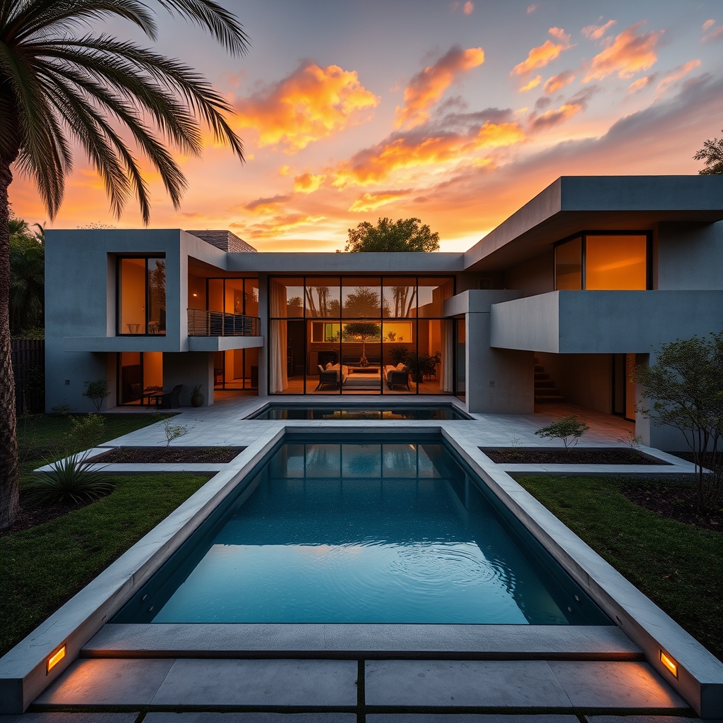 Modernist concrete villa at golden hour, architectural photography, symmetrical