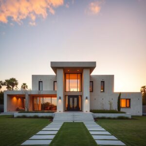 Modernist concrete villa at golden hour, architectural photography, symmetrical