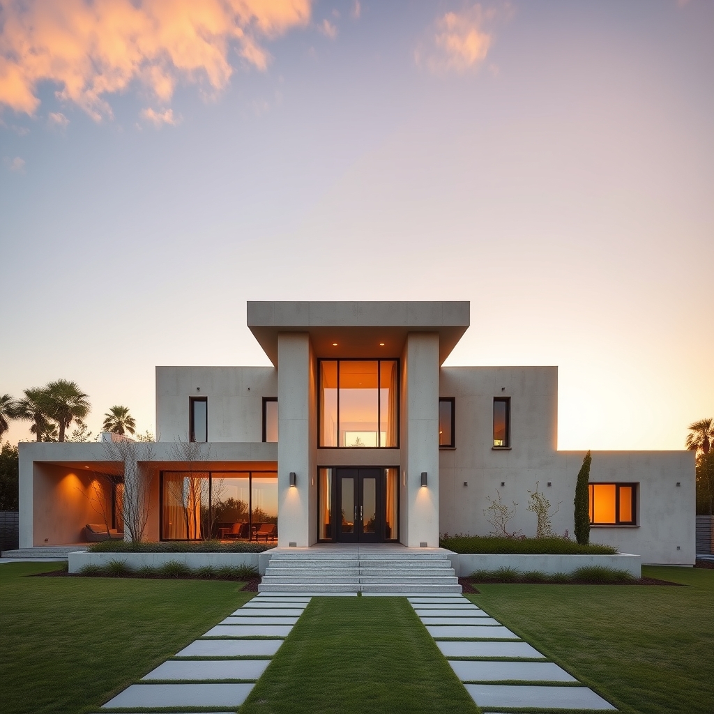 Modernist concrete villa at golden hour, architectural photography, symmetrical