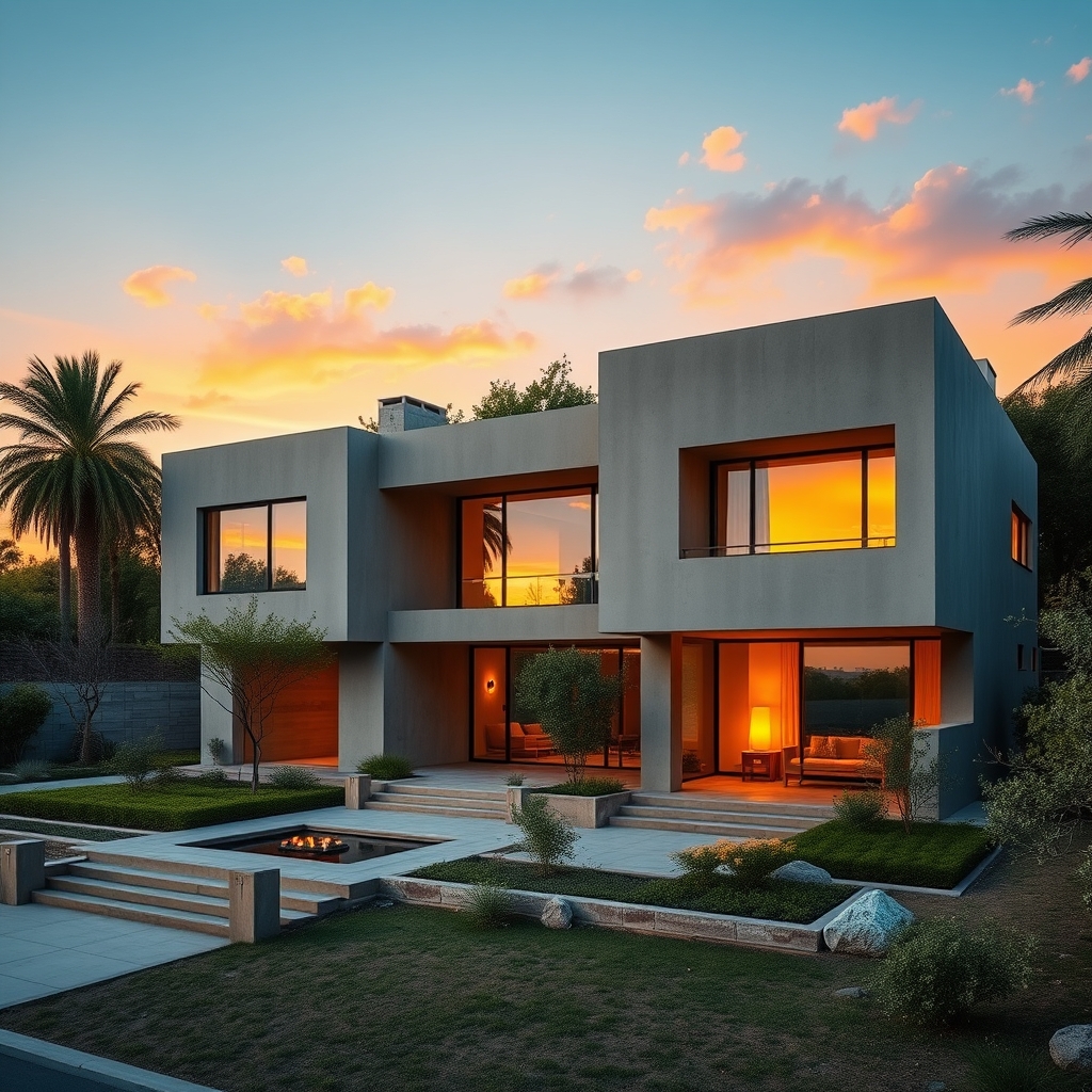 Modernist concrete villa at golden hour, architectural photography, symmetrical